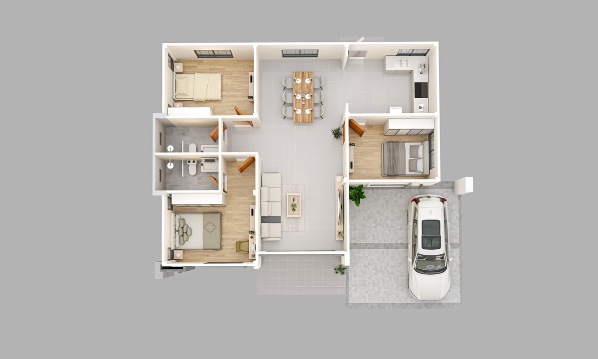 Top-down 3D floor plan of a modern house