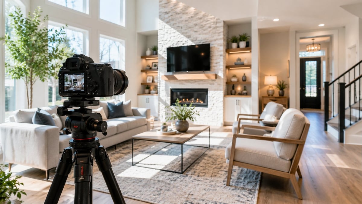 Professional camera on tripod filming a modern living room with fireplace, TV, and contemporary furniture